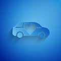 Paper cut Luxury limousine car icon isolated on blue background. For world premiere celebrities and guests poster. Paper