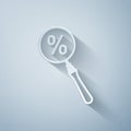 Paper cut Magnifying glass with percent discount icon isolated on grey background. Discount offers searching. Search for