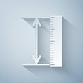 Paper cut The measuring height and length icon isolated on grey background. Ruler, straightedge, scale symbol