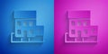 Paper cut Medical hospital building with cross icon isolated on blue and purple background. Medical center. Health care