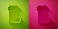 Paper cut Medicine bottle icon isolated on green and pink background. Bottle pill sign. Pharmacy design. Paper art style Royalty Free Stock Photo