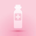 Paper cut Medicine bottle icon isolated on pink background. Bottle pill sign. Pharmacy design. Paper art style. Vector Royalty Free Stock Photo