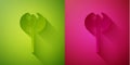 Paper cut Medieval axe icon isolated on green and pink background. Battle axe, executioner axe. Medieval weapon. Paper