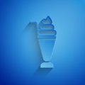 Paper cut Milkshake icon isolated on blue background. Plastic cup with lid and straw. Paper art style. Vector