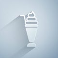 Paper cut Milkshake icon isolated on grey background. Plastic cup with lid and straw. Paper art style. Vector