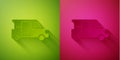 Paper cut Minibus icon isolated on green and pink background. Paper art style. Vector