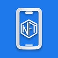 Paper cut Mobile with art store app icon isolated on blue background. Technology of selling NFT tokens for Royalty Free Stock Photo