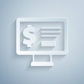 Paper cut Monitor with dollar icon isolated on grey background. Sending money around the world, money transfer, online Royalty Free Stock Photo