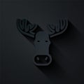 Paper cut Moose head with horns icon isolated on black background. Paper art style. Vector Royalty Free Stock Photo