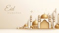 A paper cut of a mosque with golden domes. Generative AI image. Eid Mubarak. Royalty Free Stock Photo