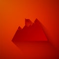 Paper cut Mountains with flag on top icon isolated on red background. Symbol of victory or success concept. Goal Royalty Free Stock Photo