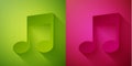 Paper cut Music note, tone icon isolated on green and pink background. Paper art style. Vector Illustration