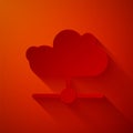 Paper cut Network cloud connection icon isolated on red background. Social technology. Cloud computing concept. Paper Royalty Free Stock Photo