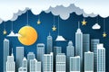 Paper cut of night city, urban with full moon, star, and clound. Paper art digital craft style