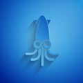 Paper cut Octopus icon isolated on blue background. Paper art style. Vector Royalty Free Stock Photo