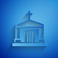 Paper cut Old crypt icon isolated on blue background. Cemetery symbol. Ossuary or crypt for burial of deceased. Paper