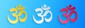 Paper cut Om or Aum Indian sacred sound icon isolated on blue background. The symbol of the divine triad of Brahma