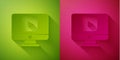 Paper cut Online play video icon isolated on green and pink background. Computer monitor and film strip with play sign