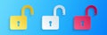 Paper cut Open padlock icon isolated on blue background. Opened lock sign. Cyber security concept. Digital data Royalty Free Stock Photo