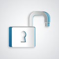 Paper cut Open padlock icon isolated on grey background. Opened lock sign. Cyber security concept. Digital data Royalty Free Stock Photo