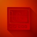 Paper cut Oscilloscope measurement signal wave icon isolated on red background. Paper art style. Vector