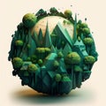 A paper cut-out of a futuristic green Earth sphere, adorned with crystals and a green forest city