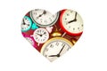 Paper cut out heart shape with alarm clocks. Love, time, holidays, saint valentine day, morning rituals, birthday minimal