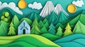 A paper cut out of a mountain with trees and sun, AI Royalty Free Stock Photo