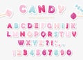 Paper cut out sweet font design. Candy ABC letters and numbers. Pastel pink and blue. Royalty Free Stock Photo