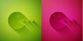 Paper cut Pacman with eat icon isolated on green and pink background. Arcade game icon. Pac man sign. Paper art style