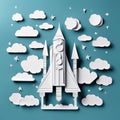 paper cut paper cut rocket with clouds and stars on blue background. paper art style, concept of dreams, travel and discovery.
