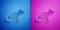 Paper cut Paralyzed dog in wheelchair icon isolated on blue and purple background. Paper art style. Vector