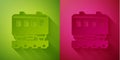 Paper cut Passenger train cars icon isolated on green and pink background. Railway carriage. Paper art style. Vector Royalty Free Stock Photo