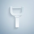 Paper cut Peeler icon isolated on grey background. Knife for cleaning of vegetables. Kitchen item, appliance. Paper art