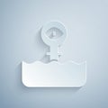 Paper cut Periscope in the waves above the water icon isolated on grey background. Paper art style. Vector Royalty Free Stock Photo