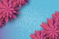 Paper cut Pink Floral Greeting card. Origami flower. Space for Text. Spring blossom. Seasonal holiday on sky blue