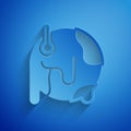 Paper cut Planet earth melting to global warming icon isolated on blue background. Ecological problems and solutions - Royalty Free Stock Photo