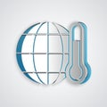 Paper cut Planet earth melting to global warming icon isolated on grey background. Ecological problems and solutions - Royalty Free Stock Photo