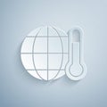 Paper cut Planet earth melting to global warming icon isolated on grey background. Ecological problems and solutions - Royalty Free Stock Photo