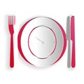 Paper cut Plate with clock, fork and knife icon isolated on white background. Lunch time. Eating, nutrition regime, meal Royalty Free Stock Photo