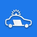 Paper cut Police car and police flasher icon isolated on blue background. Emergency flashing siren. Paper art style Royalty Free Stock Photo