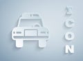 Paper cut Police car and police flasher icon isolated on grey background. Emergency flashing siren. Paper art style Royalty Free Stock Photo