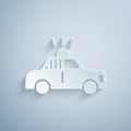 Paper cut Police car and police flasher icon isolated on grey background. Emergency flashing siren. Paper art style Royalty Free Stock Photo