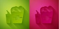 Paper cut Popcorn in cardboard box and paper glass with drinking straw and water icon isolated on green and pink