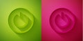 Paper cut Power button icon isolated on green and pink background. Start sign. Paper art style. Vector Royalty Free Stock Photo