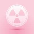 Paper cut Radioactive icon isolated on pink background. Radioactive toxic symbol. Radiation Hazard sign. Paper art style