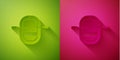 Paper cut Rafting boat icon isolated on green and pink background. Inflatable boat with paddles. Water sports, extreme Royalty Free Stock Photo