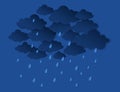 Paper cut rainy sky. Dark clouds with raindrops. Origami weather forecast template. Meteorology symbol fallout Royalty Free Stock Photo