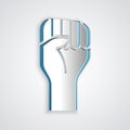 Paper cut Raised hand with clenched fist icon isolated on grey background. Protester raised fist at a political Royalty Free Stock Photo