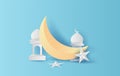 Paper cut of Ramadan Kareem crescent moon decoration with star and lantern on pastel color background.Minimal cute paper art and Royalty Free Stock Photo